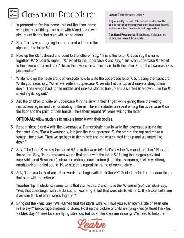 This is the teachers guide for the Alphabet: Letter K lesson plan. The orange Learn Bright logo is at the bottom of the page.