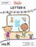 This is the title page for the Alphabet: Letter K lesson plan. The main image is of two children in front of a chalkboard with a large letter K in the middle. The orange Learn Bright logo is at the top of the page.