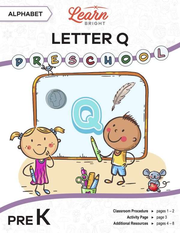This is the title page for the Alphabet: Letter Q lesson plan. The main image is of two children in front of a chalkboard with a large letter Q in the middle. The orange Learn Bright logo is at the top of the page.