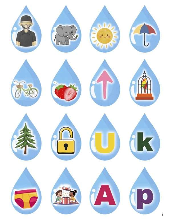 This is an additional resources page for the Alphabet: Letter U lesson plan. There are 16 raindrop graphics with smaller graphics of various objects and letters.