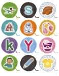 This is an additional resources page for the Alphabet: Letter Y lesson plan. There are 12 graphics of balls of yarn with smaller graphics of objects or letters in front of them.