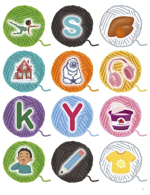 This is an additional resources page for the Alphabet: Letter Y lesson plan. There are 12 graphics of balls of yarn with smaller graphics of objects or letters in front of them.