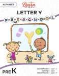 This is the title page for the Alphabet: Letter Y lesson plan. The main image is of two children in front of a chalkboard with a large letter Y in the middle. The orange Learn Bright logo is at the top of the page.