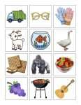 This is an additional resources page for the Alphabet: Letter G lesson plan. There are 12 squares with graphics of objects that start with G, such as gorilla, glasses, guitar, and goose.