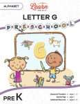 This is the title page for the Alphabet: Letter G lesson plan. The main image is of two children in front of a chalkboard with a large letter G in the middle. The orange Learn Bright logo is at the top of the page.