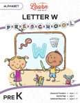 This is the title page for the Alphabet: Letter W lesson plan. The main image is of two children in front of a chalkboard with a large letter W in the middle. The orange Learn Bright logo is at the top of the page.