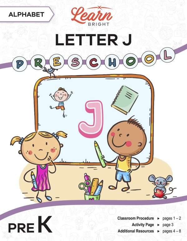 This is the title page for the Alphabet: Letter J lesson plan. The main image is of two children in front of a chalkboard with a large letter J in the middle. The orange Learn Bright logo is at the top of the page.