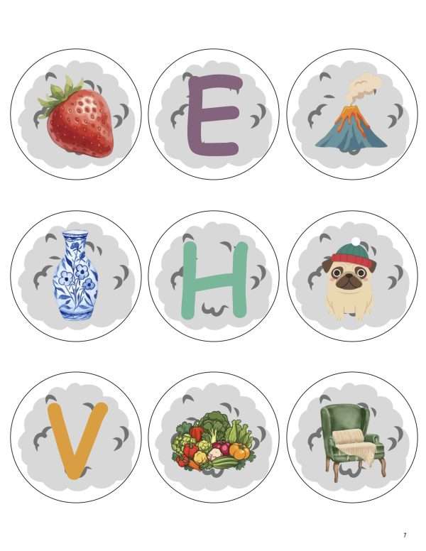 This is an additional resources page for the Alphabet: Letter V lesson plan. There are nine circles of dust bunnies with pictures of things and letters.