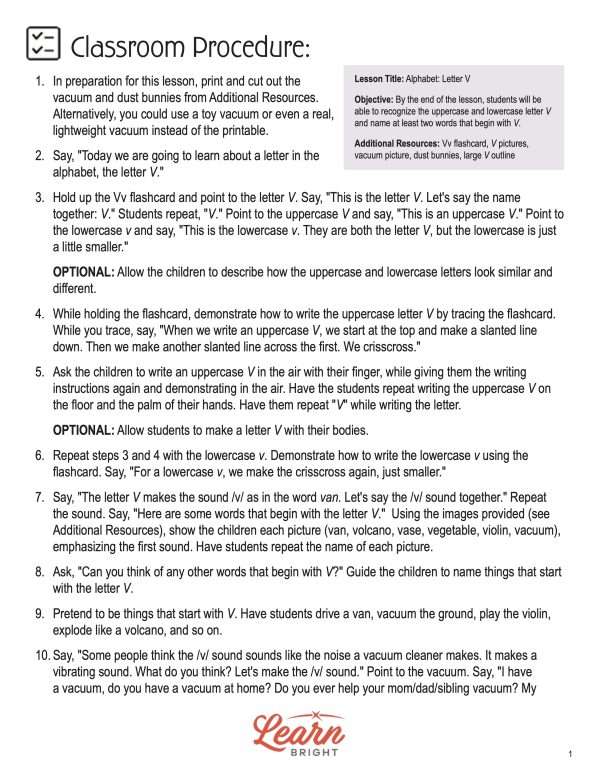 This is the teachers guide page for the Alphabet: Letter V lesson plan. The orange Learn Bright logo is at the bottom of the page.