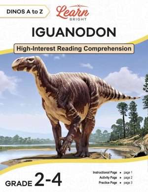 This is the title page for the Dinos A to Z: Iguanodon lesson plan. The main image is of an iguanodon standing on a small land mass in a lake. The orange Learn Bright logo is at the top of the page.