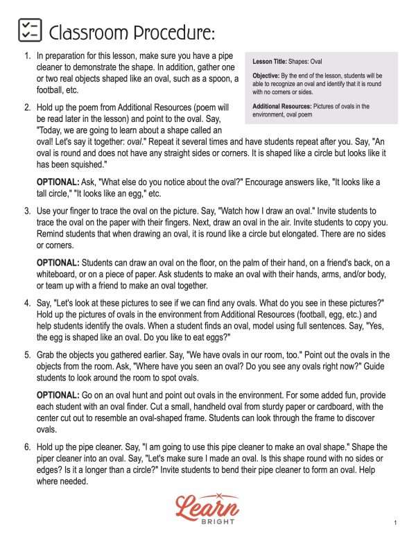 This is the teachers guide for the Shapes: Oval lesson plan. The orange Learn Bright logo is at the bottom of the page.