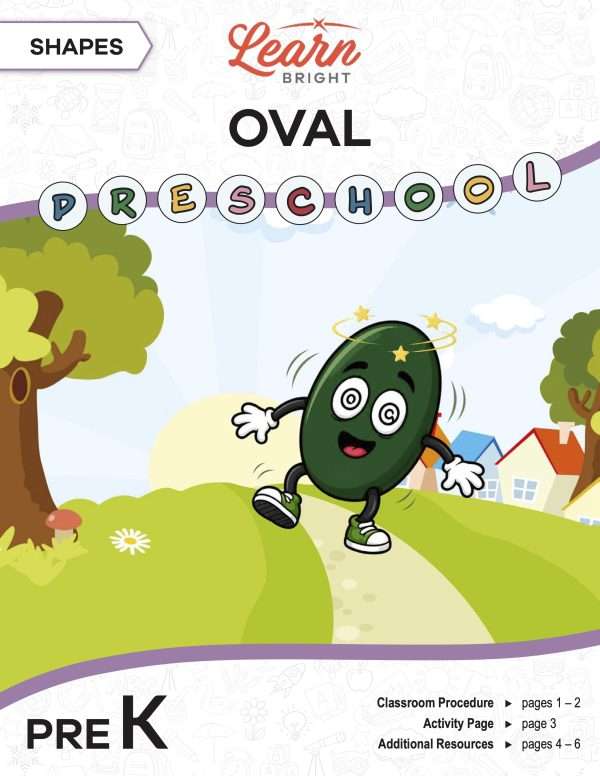 This is the title page for the Shapes: Oval lesson plan. The main image is of a oval character walking down a path. The orange Learn Bright logo is at the top of the page.