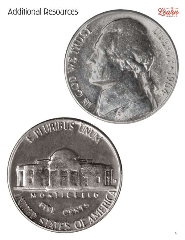 This is an additional resources page for the Money: Nickel lesson plan. There are graphics of the front and back side of a nickel.