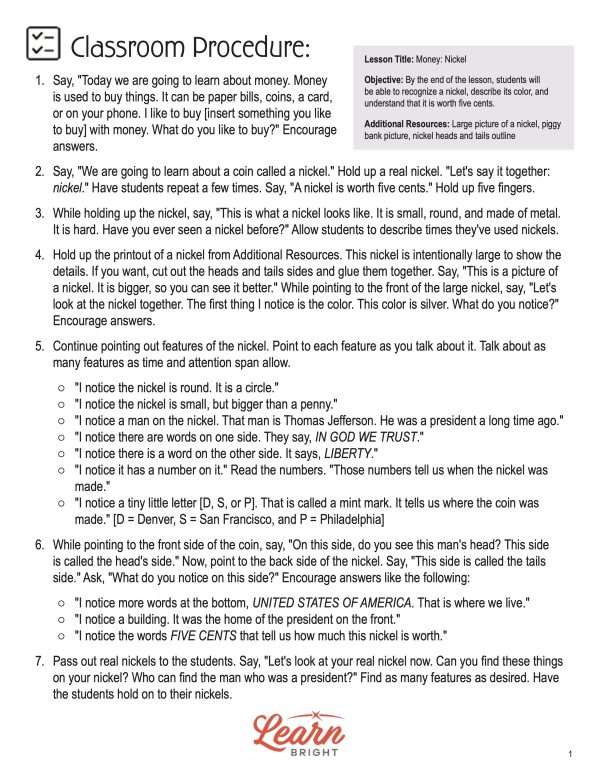 This is the classroom procedure page for the Money: Nickel lesson plan. The orange Learn Bright logo is at the bottom of the page.