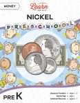 This is the title page for the Money: Nickel lesson plan. The main image is a picture of a quarter, dime, nickel, penny, and dollar surrounded by kids. The nickel is on top of the pile of money. The orange Learn Bright logo is at the top of the page.