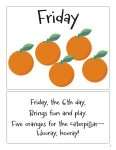 This is an additional resources page for the Weekdays: Friday lesson plan. There is a graphic of five oranges.