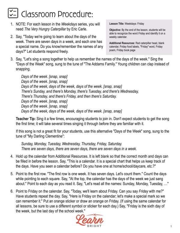 This is the teachers guide for the Weekdays: Friday lesson plan. The orange Learn Bright logo is at the bottom of the page.