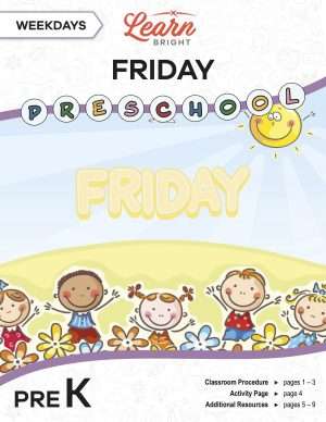 This is the title page for the Weekdays: Friday lesson plan. The main image is of kids on a hill with the word "FRIDAY" above their heads. The orange Learn Bright logo is at the top of the page.