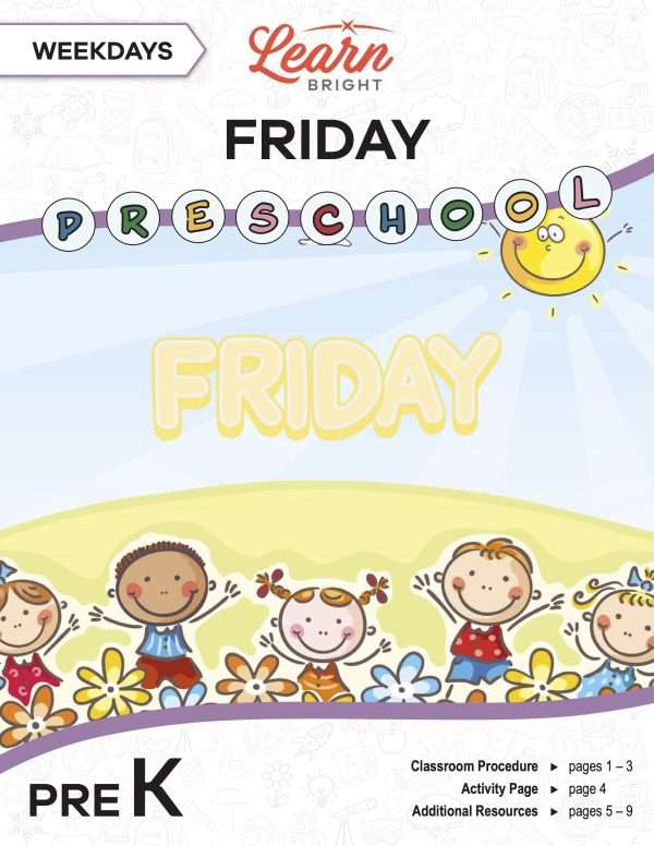 This is the title page for the Weekdays: Friday lesson plan. The main image is of kids on a hill with the word "FRIDAY" above their heads. The orange Learn Bright logo is at the top of the page.