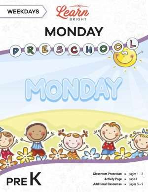 This is the title page for the Weekdays: Monday lesson plan. The main image is of kids on a hill with the word "MONDAY" above their heads. The orange Learn Bright logo is at the top of the page.