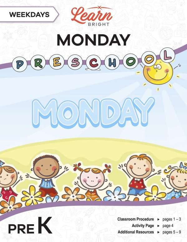 This is the title page for the Weekdays: Monday lesson plan. The main image is of kids on a hill with the word "MONDAY" above their heads. The orange Learn Bright logo is at the top of the page.