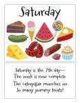 This is an additional resources page for the Weekdays: Saturday lesson plan. There is a graphic of several foods like watermelon, cake, pie, and a sausage.