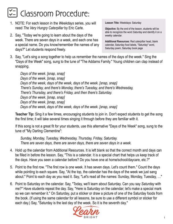 This is the teachers guide for the Weekdays: Saturday lesson plan. The orange Learn Bright logo is at the bottom of the page.