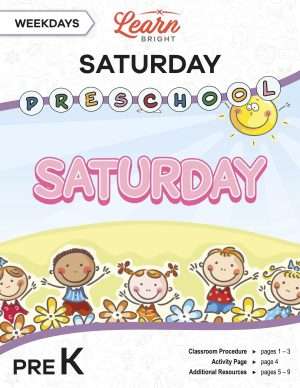 This is the title page for the Weekdays: Saturday lesson plan. The main image is of kids on a hill with the word "SATURDAY" above their heads. The orange Learn Bright logo is at the top of the page.