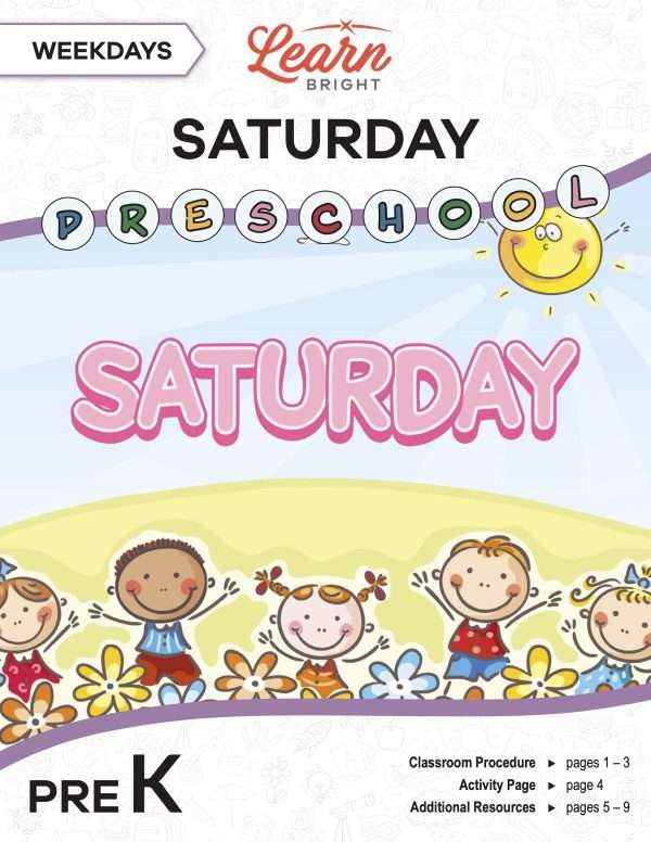 This is the title page for the Weekdays: Saturday lesson plan. The main image is of kids on a hill with the word "SATURDAY" above their heads. The orange Learn Bright logo is at the top of the page.