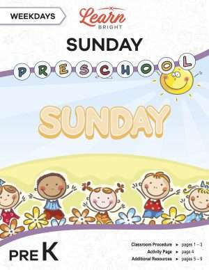 This is the title page for the Weekdays: Sunday lesson plan. The main image is of kids on a hill with the word "SUNDAY" above their heads. The orange Learn Bright logo is at the top of the page.