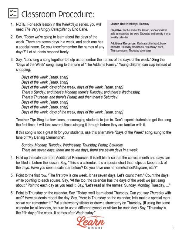 This is the classroom procedure page for the Weekdays: Thursday lesson plan. The orange Learn Bright logo is at the bottom of the page.