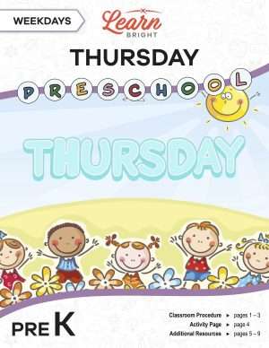This is the title page for the Weekdays: Thursday lesson plan. The main image is of kids on a hill with the word "THURSDAY" above their heads. The orange Learn Bright logo is at the top of the page.