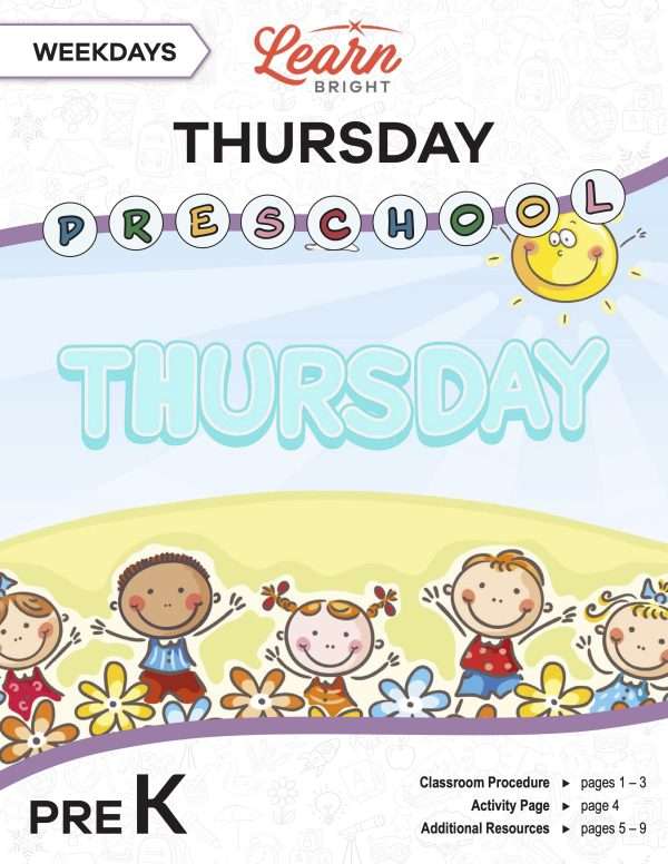 This is the title page for the Weekdays: Thursday lesson plan. The main image is of kids on a hill with the word "THURSDAY" above their heads. The orange Learn Bright logo is at the top of the page.