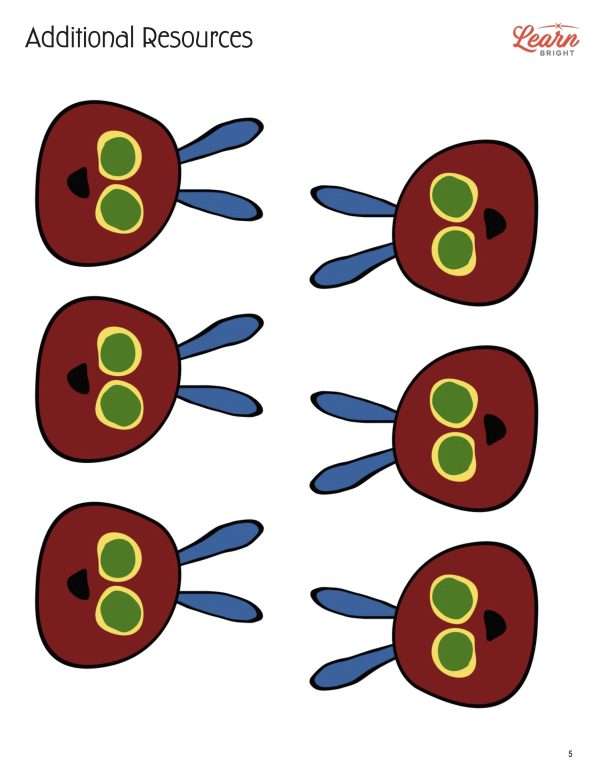 This is an additional resources page for the Weekdays: Tuesday lesson plan. There is a coloring page of six caterpillar heads.