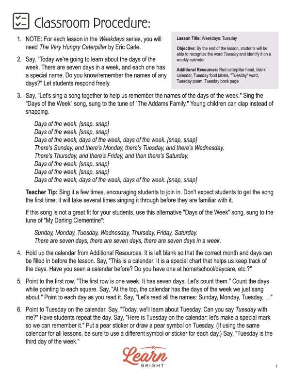 This is the classroom procedure page for the Weekdays: Tuesday lesson plan. The orange Learn Bright logo is at the bottom of the page.