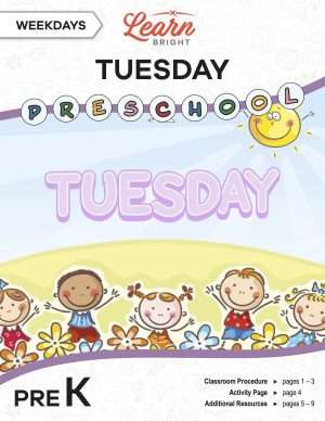 This is the title page for the Weekdays: Tuesday lesson plan. The main image is of kids on a hill with the word "TUESDAY" above their heads. The orange Learn Bright logo is at the top of the page.
