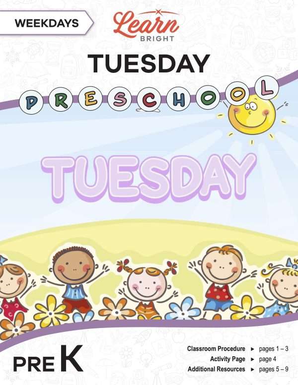 This is the title page for the Weekdays: Tuesday lesson plan. The main image is of kids on a hill with the word "TUESDAY" above their heads. The orange Learn Bright logo is at the top of the page.