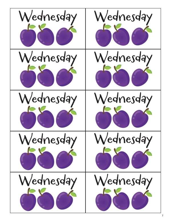 This is an additional resources page for the Weekdays: Wednesday lesson plan. There are ten labels with the word "Wednesday" above three plums.
