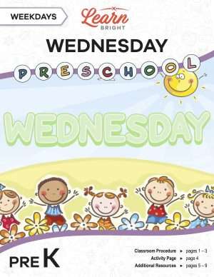 This is the title page for the Weekdays: Wednesday lesson plan. The main image is of kids on a hill with the word "WEDNESDAY" above their heads. The orange Learn Bright logo is at the top of the page.