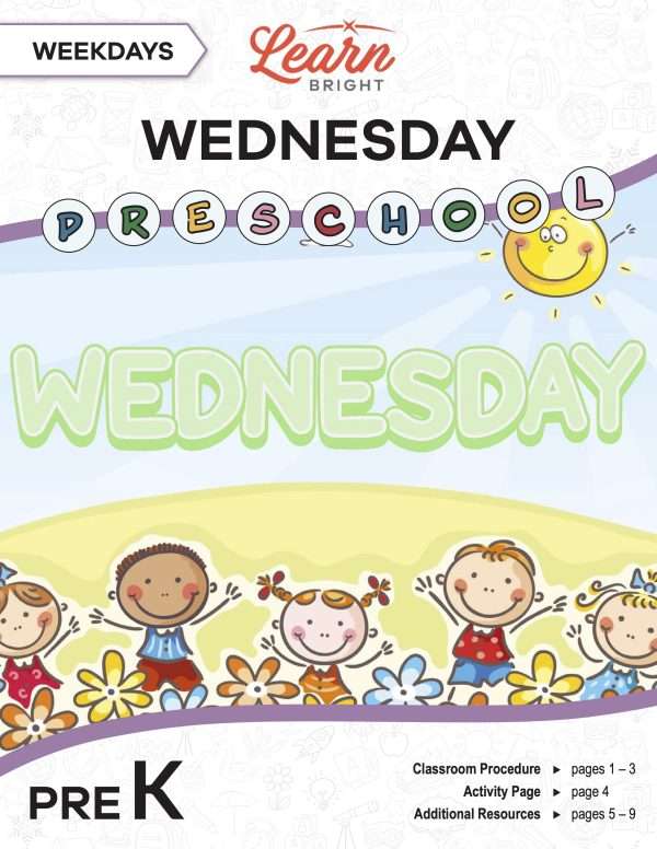 This is the title page for the Weekdays: Wednesday lesson plan. The main image is of kids on a hill with the word "WEDNESDAY" above their heads. The orange Learn Bright logo is at the top of the page.